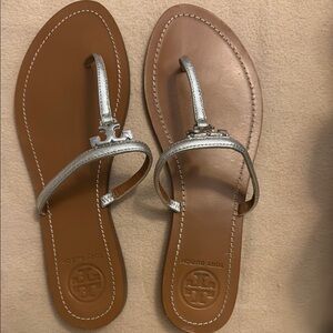 Tory Burch Silver and Brown Sandals with Metallic Straps